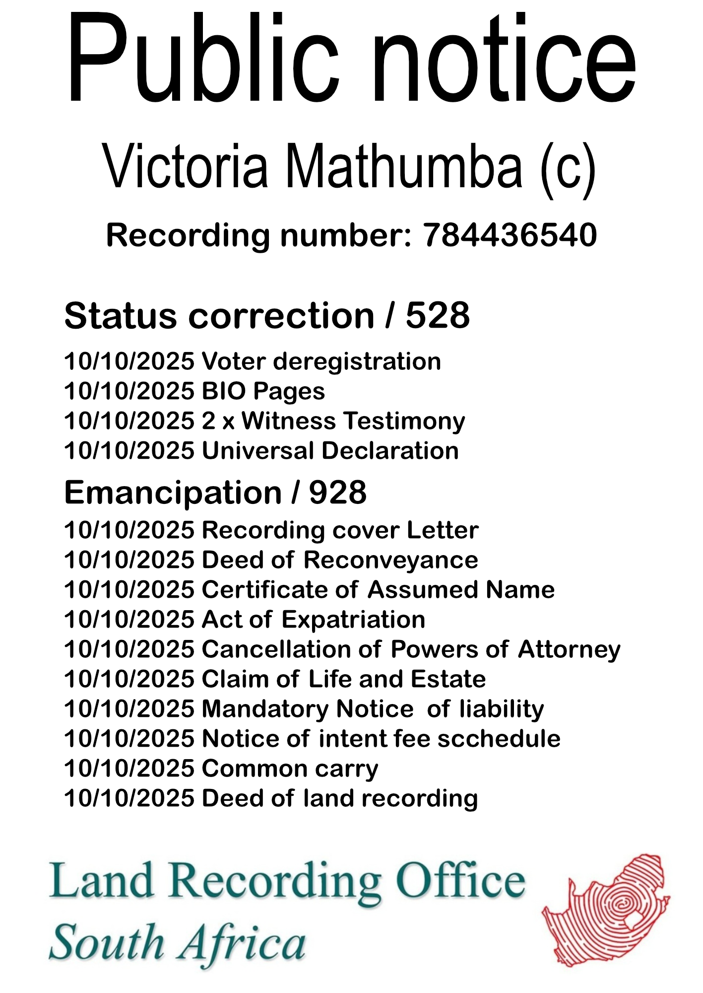 Public notice Victoria Mathumba Recording number 784436540